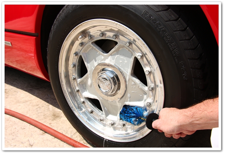Ferrari 288 GTO wheels soaking with P21S Gel Wheel Cleaner and cleaned with a mini EZ Detail Brush
