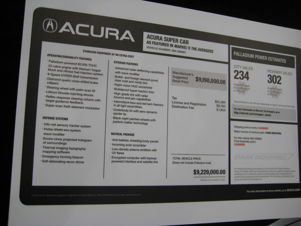 Acura Super Car as featured in Marvel's The Avengers sticker price