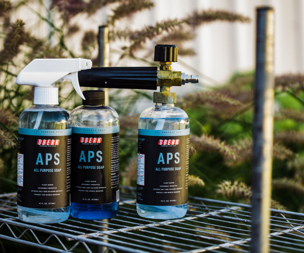 Image of Oberk APS diluted in a foam cannon, spray bottle, and concentrated formula