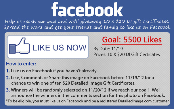 Facebook Contest for 10 x $20 DI Gift Certificates if we reach our goal of 5500 Facebook Likes by 11/19/2012. Like us on Facebook now and help us get reach our goal. Click for complete details