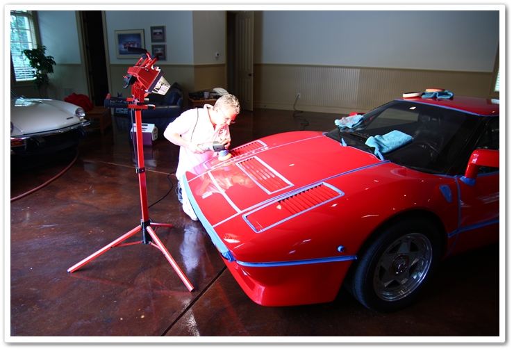 Polishing the front of a 1985 Ferrari 288 GTO with a Porter Cable 7424 XP buffer