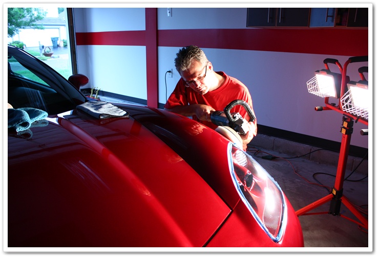 Polishing a 2008 Chevy Corvette with Menzerna PO203S Power Finish on a white pad with a Makita rotary buffer
