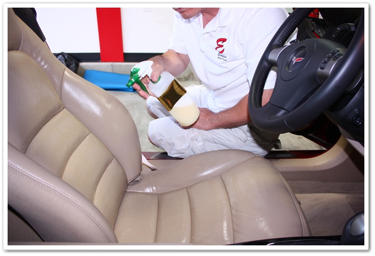 Applying Leatherique Prestine Clean to Corvette leather after allowing Rejuvenator Oil penetrate overnight