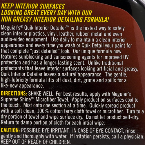 Meguiar's Quik Interior Detailer rear label.  Description, directions, warning.