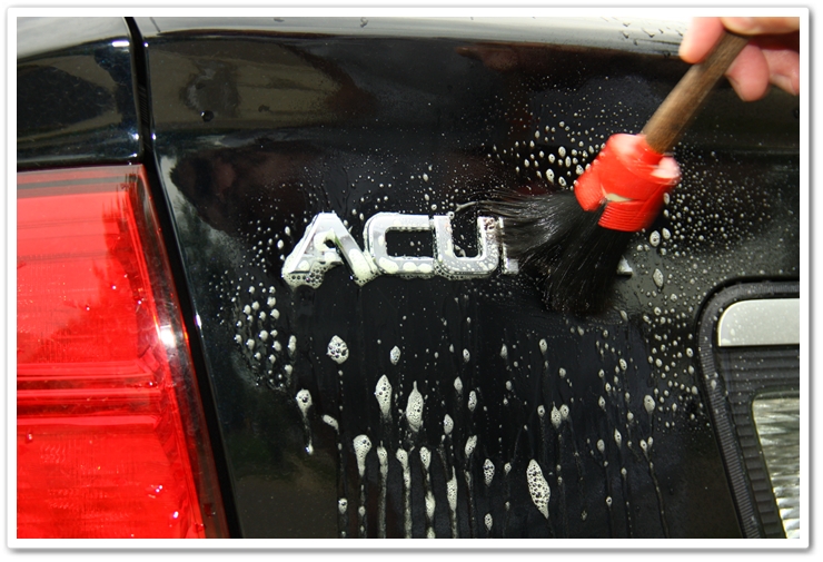 Working P21S Total Auto Wash around the emblems with a soft bristle brush