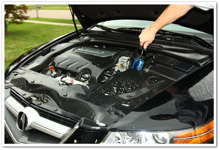 Using an EZ Detail Brush in the engine bay to clean between pieces along with P21S Total Auto Wash