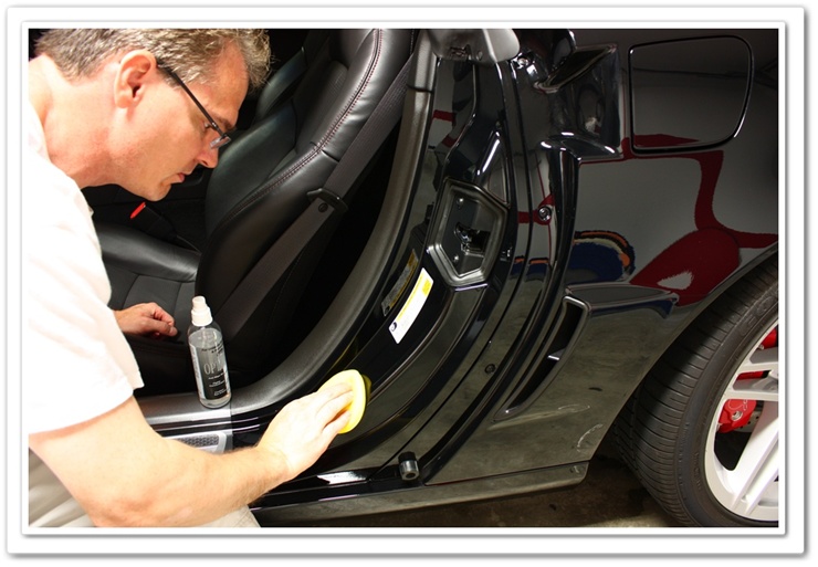 Applying OPT Opti-Seal to a 2008 black Z06 Chevy Corvette door jambs