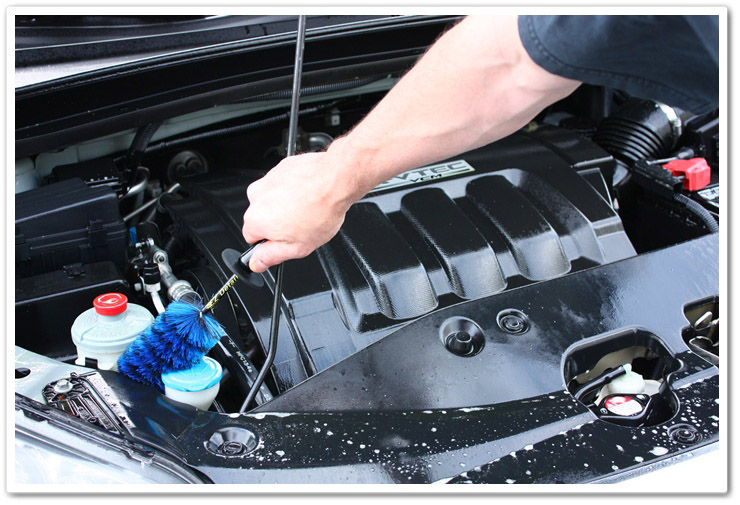Using a Mini E-Z Detail Brush to clean engine bay