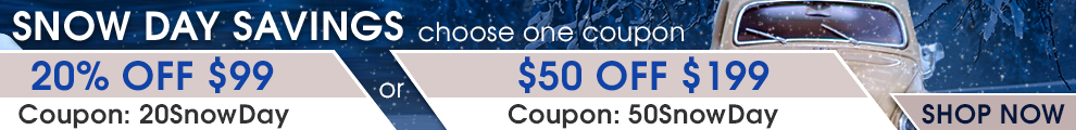 Snow Day Savings - Choose One Coupon - 20% Off $99 Coupon 20SnowDay or  $50 Off $199 Coupon 50SnowDay - see offer details