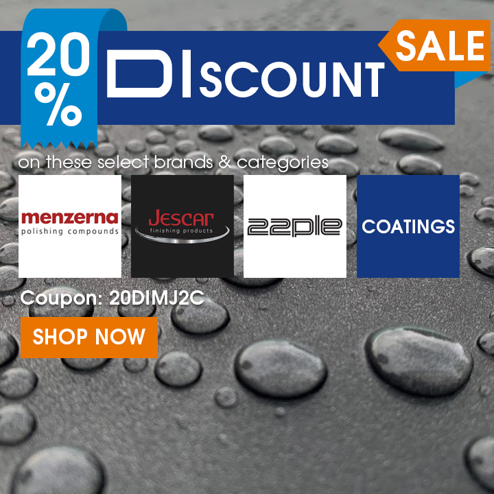 20% Off DIscount Sale on these select brands and categories - Menzerna, Jescar, 22PLE, and Coating Products - Coupon 20DIMJ2C - Shop Now